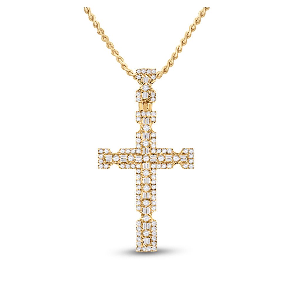 Men's Diamond Charm Pendant | 14kt Yellow Gold Mens Baguette Diamond Cross Charm Pendant 1-3/8 Cttw | Splendid Jewellery GND