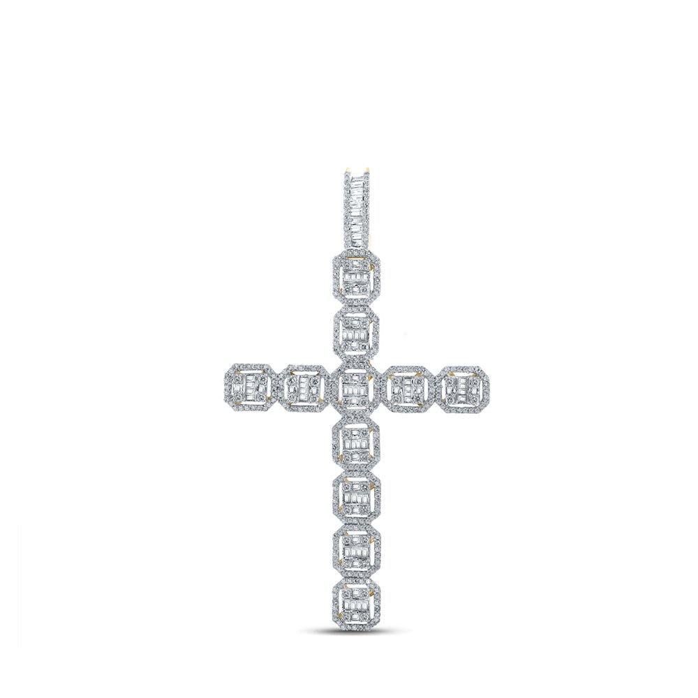 Men's Diamond Charm Pendant | 14kt Yellow Gold Mens Baguette Diamond Cross Charm Pendant 2-1/3 Cttw | Splendid Jewellery GND