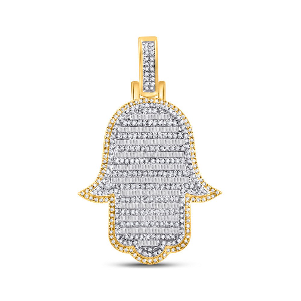 Men's Diamond Charm Pendant | 14kt Yellow Gold Mens Baguette Diamond Hamsa Charm Pendant 2 Cttw | Splendid Jewellery GND