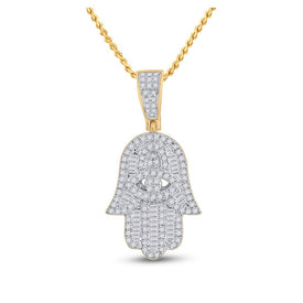 14kt Yellow Gold Baguette Diamond Hamsa Hand Pendant - A Dazzling Charm for Men - Top View