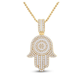 14kt Yellow Gold Baguette and Round Diamond Hamsa Hand Pendant - 3 Cttw - Top View