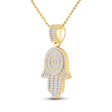 Load image into Gallery viewer, 14kt Yellow Gold Baguette and Round Diamond Hamsa Hand Pendant - 3 Cttw - Side View