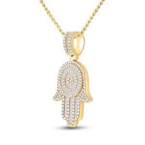 Men's Diamond Charm Pendant | 14kt Yellow Gold Mens Baguette Diamond Hamsa Hand Charm Pendant 3 Cttw | Splendid Jewellery GND