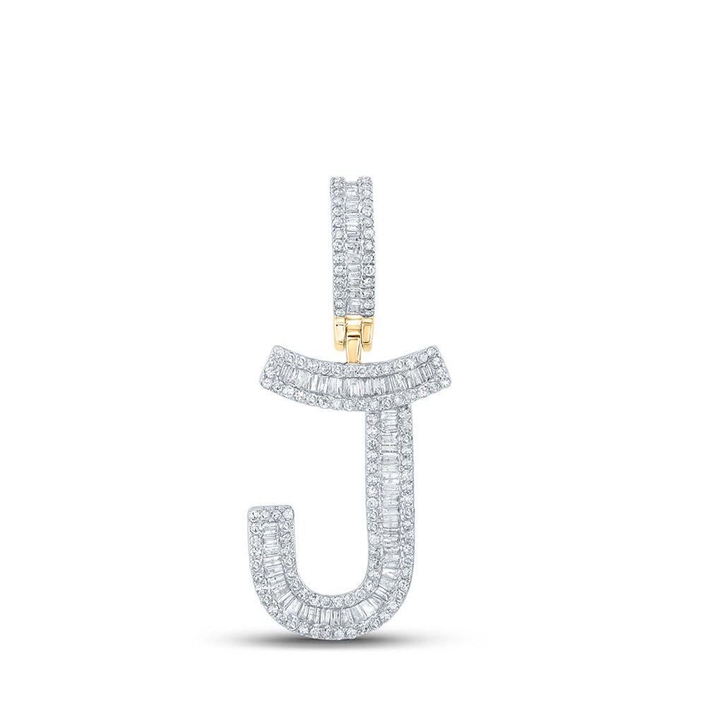 Men's Diamond Charm Pendant | 14kt Yellow Gold Mens Baguette Diamond J Initial Letter Charm Pendant 3/4 Cttw | Splendid Jewellery GND