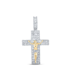 Men's Diamond Charm Pendant | 14kt Yellow Gold Mens Baguette Diamond Jesus Cross Crucifix Pendant 3-7/8 Cttw | Splendid Jewellery GND