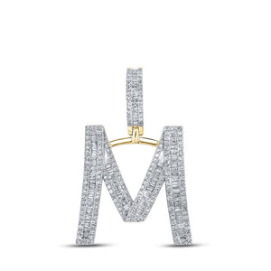 Men's Diamond Charm Pendant | 14kt Yellow Gold Mens Baguette Diamond M Initial Letter Charm Pendant 1 Cttw | Splendid Jewellery GND