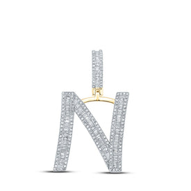 14kt Yellow Gold Men's Baguette Diamond N Initial Letter Charm Pendant - 7/8 Cttw - Top View