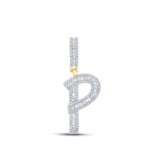 Men's Diamond Charm Pendant | 14kt Yellow Gold Mens Baguette Diamond P Initial Letter Charm Pendant 3/4 Cttw | Splendid Jewellery GND