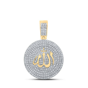 Men's Diamond Charm Pendant | 14kt Yellow Gold Mens Round Diamond Allah Islam Circle Charm Pendant 2-3/4 Cttw | Splendid Jewellery GND