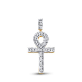 14kt Yellow Gold Men's Round Diamond Ankh Cross Charm Pendant - 1 Cttw - Top View
