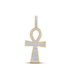 14kt Yellow Gold Men's Round Diamond Ankh Cross Charm Pendant - A Dazzling Symbol of Style and Spirituality - Top View