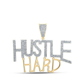 14kt Yellow Gold Men's Round Diamond Hustle Hard Charm Pendant 1 Cttw - A Dazzling Statement of Success - Top View