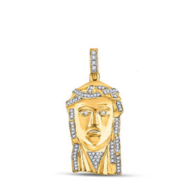 14kt Yellow Gold Men's Round Diamond Jesus Face Charm Pendant - 1/4 Cttw - Top View