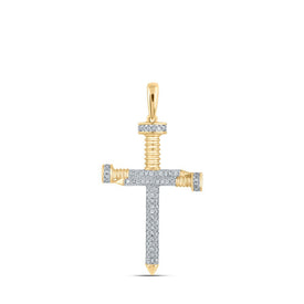 14kt Yellow Gold Men's Round Diamond Nail Cross Charm Pendant - Captivating Elegance - Top View
