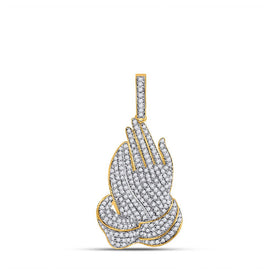 14kt Yellow Gold Men's Round Diamond Prayer Hands Charm Pendant 7/8 Cttw - Exquisite Jewelry Masterpiece - Top View