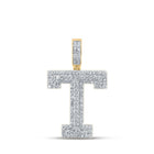 14kt Yellow Gold Men's Round Diamond T Initial Letter Charm Pendant - 1-1/2 Cttw - Top View