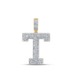 14kt Yellow Gold Men's Round Diamond T Initial Letter Charm Pendant - 1-1/2 Cttw - Top View