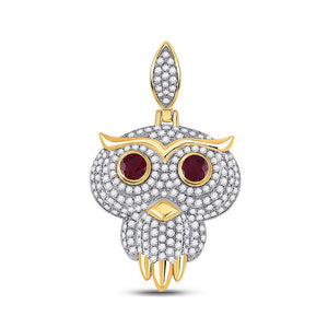 Men's Diamond Charm Pendant | 14kt Yellow Gold Mens Round Ruby Diamond Owl Bird Charm Pendant 2-5/8 Cttw | Splendid Jewellery GND