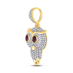 Men's Diamond Charm Pendant | 14kt Yellow Gold Mens Round Ruby Diamond Owl Bird Charm Pendant 2-5/8 Cttw | Splendid Jewellery GND