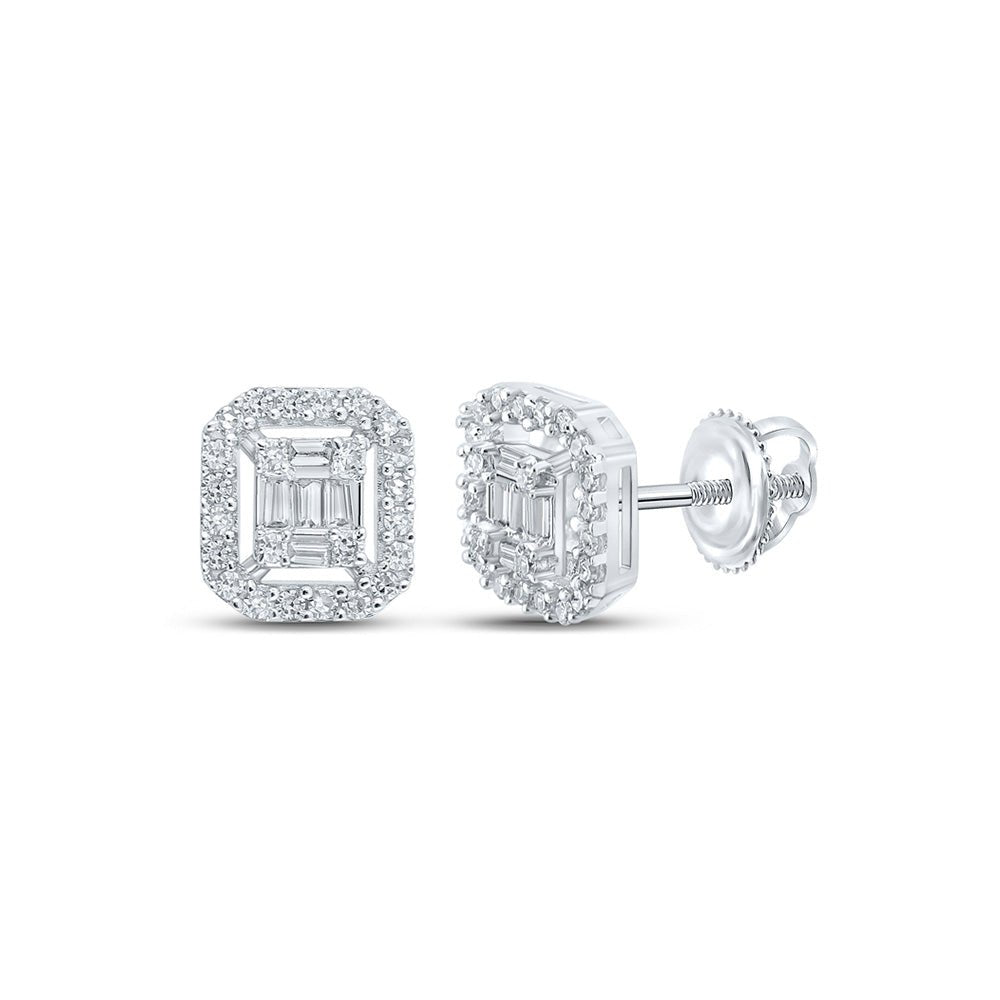 Men's Diamond Earrings | 10kt White Gold Mens Baguette Diamond Cluster Earrings 1/4 Cttw | Splendid Jewellery GND