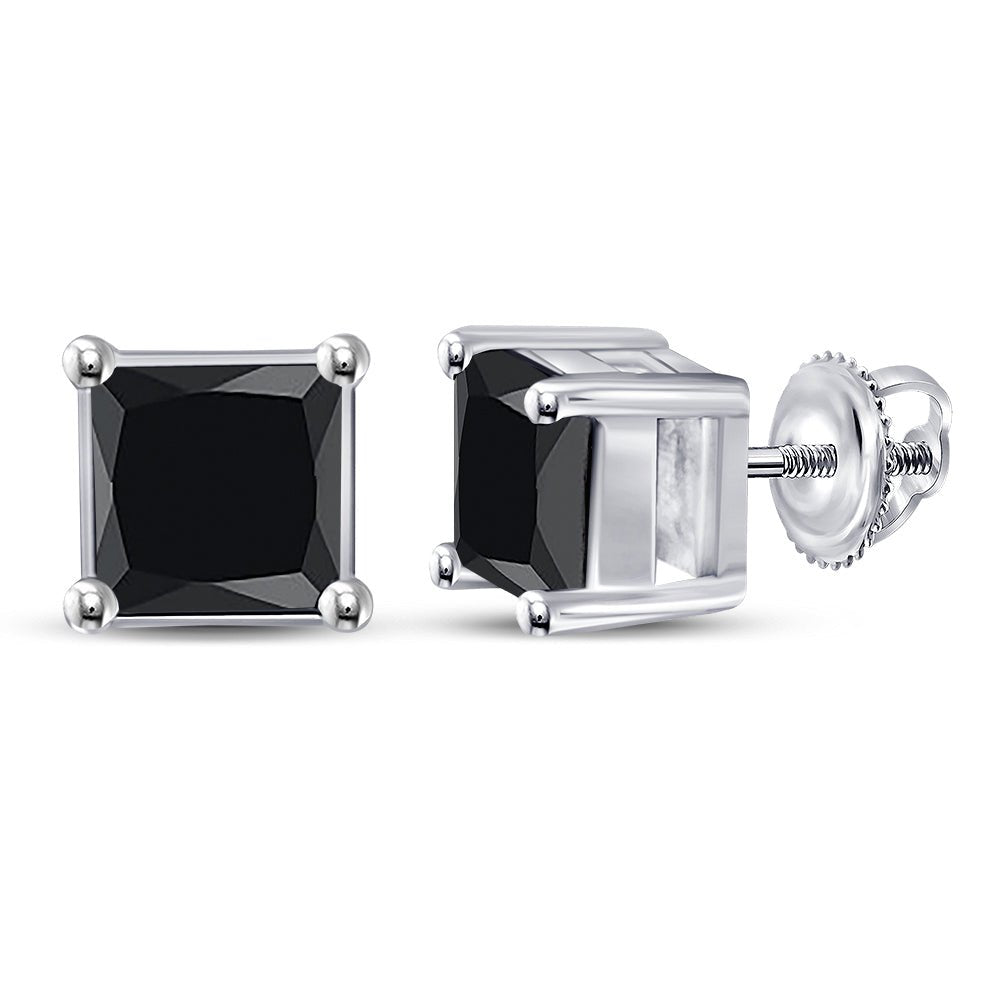 Men's Diamond Earrings | 10kt White Gold Mens Princess Black Color Enhanced Diamond Stud Earrings 1-1/2 Cttw | Splendid Jewellery GND
