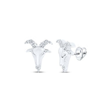 Load image into Gallery viewer, Aries Zodiac Goat Stud Earrings in 10kt White Gold with Round Diamonds (1/10 Cttw) - Alternate view 1 from Splendid Jewellery