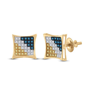 Men's Diamond Earrings | 10kt Yellow Gold Mens Round Blue Color Enhanced Diamond Square Kite Cluster Earrings 1/4 Cttw | Splendid Jewellery GND