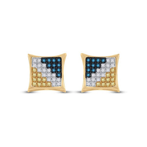 Men's Diamond Earrings | 10kt Yellow Gold Mens Round Blue Color Enhanced Diamond Square Kite Cluster Earrings 1/4 Cttw | Splendid Jewellery GND