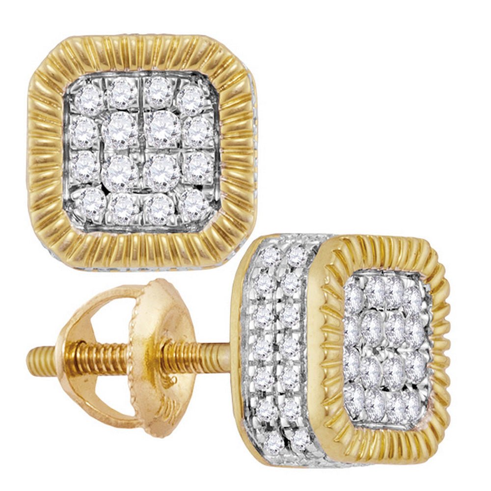 Men's Diamond Earrings | 10kt Yellow Gold Mens Round Diamond Fluted Square Cluster Stud Earrings 3/4 Cttw | Splendid Jewellery GND