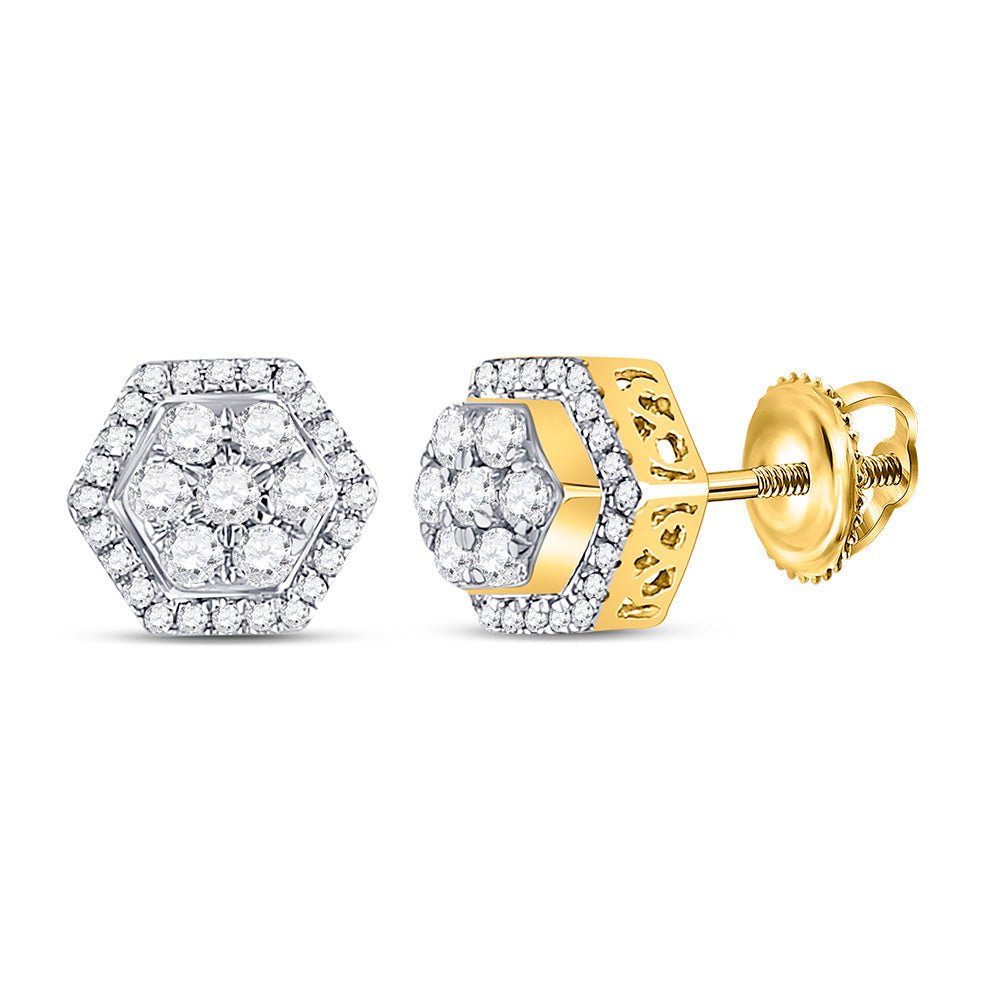 Men's Diamond Earrings | 10kt Yellow Gold Mens Round Diamond Hexagon Cluster Earrings 1/2 Cttw | Splendid Jewellery GND