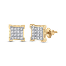 Load image into Gallery viewer, 10kt Yellow Gold Men&#39;s Round Diamond Square Cluster Earrings 1/10 Cttw | Dazzling Gems product  Top View from Splendid Jewellery