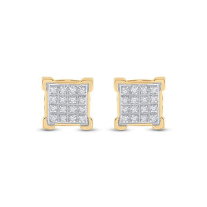 Men's Diamond Earrings | 10kt Yellow Gold Mens Round Diamond Square Cluster Earrings 1/10 Cttw | Splendid Jewellery GND