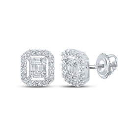14kt White Gold Baguette and Round Diamond Cluster Earrings for Men - 1/4 Cttw - Top View