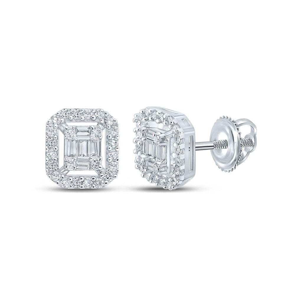 Men's Diamond Earrings | 14kt White Gold Mens Baguette Diamond Cluster Earrings 1/4 Cttw | Splendid Jewellery GND