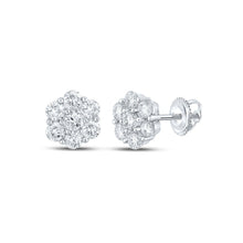 Load image into Gallery viewer, 14kt White Gold Men&#39;s Round Diamond Flower Cluster Earrings - Captivating Brilliance - Top View