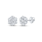 14kt White Gold Men's Round Diamond Flower Cluster Earrings - Captivating Brilliance - Top View