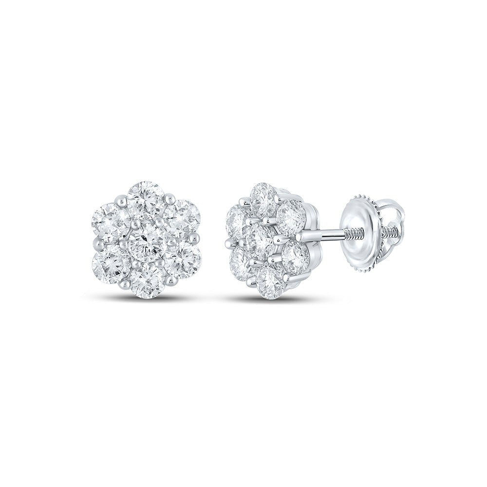 Men's Diamond Earrings | 14kt White Gold Mens Round Diamond Flower Cluster Earrings 1-7/8 Cttw | Splendid Jewellery GND