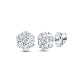 14kt White Gold Men's Round Diamond Flower Cluster Earrings - 1 Cttw - Top View