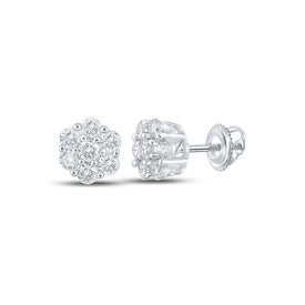 14kt White Gold Men's Round Diamond Flower Cluster Earrings - 1/2 Cttw - Top View