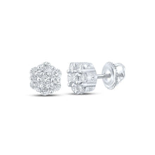 Load image into Gallery viewer, 14kt White Gold Men&#39;s Round Diamond Flower Cluster Earrings - 1/4 Cttw - Top View