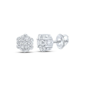 14kt White Gold Men's Round Diamond Flower Cluster Earrings - 1/4 Cttw - Top View