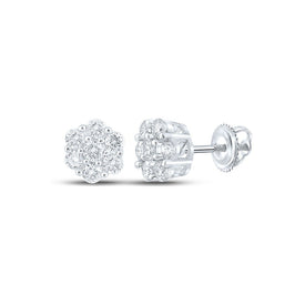 14kt White Gold Men's Round Diamond Flower Cluster Earrings - A Captivating Statement of Masculine Elegance - Top View