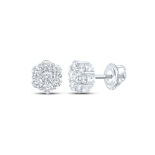 Load image into Gallery viewer, Dazzling 14kt White Gold Men&#39;s Round Diamond Flower Cluster Earrings 5/8 Cttw - Top View