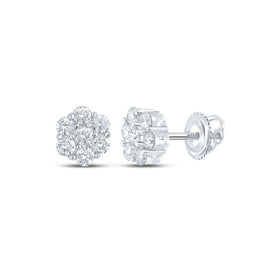 Dazzling 14kt White Gold Men's Round Diamond Flower Cluster Earrings 5/8 Cttw - Top View