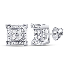14kt White Gold Men's Square Diamond Earrings - 1/3 Cttw - Top View