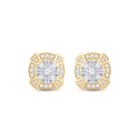 14kt Yellow Gold Baguette Diamond Circle Cluster Earrings for Men - 3/4 Cttw - Side View