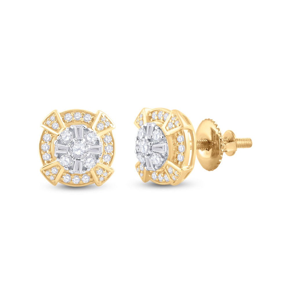Men's Diamond Earrings | 14kt Yellow Gold Mens Baguette Diamond Circle Cluster Earrings 3/4 Cttw | Splendid Jewellery GND