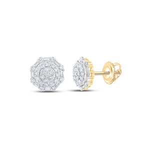 Men's Diamond Earrings | 14kt Yellow Gold Mens Baguette Diamond Octagon Cluster Earrings 5/8 Cttw | Splendid Jewellery GND