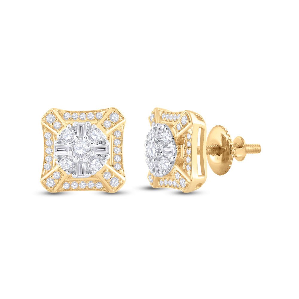 Men's Diamond Earrings | 14kt Yellow Gold Mens Baguette Diamond Square Cluster Earrings 3/4 Cttw | Splendid Jewellery GND