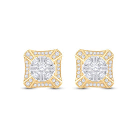 14kt Yellow Gold Baguette Diamond Square Cluster Earrings - 3/4 Cttw - Side View